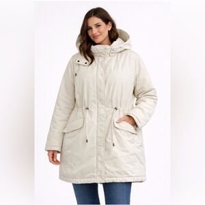 Talbots Women's Long Down-Filled
Parka Coat Size L Ivory Hooded Winter